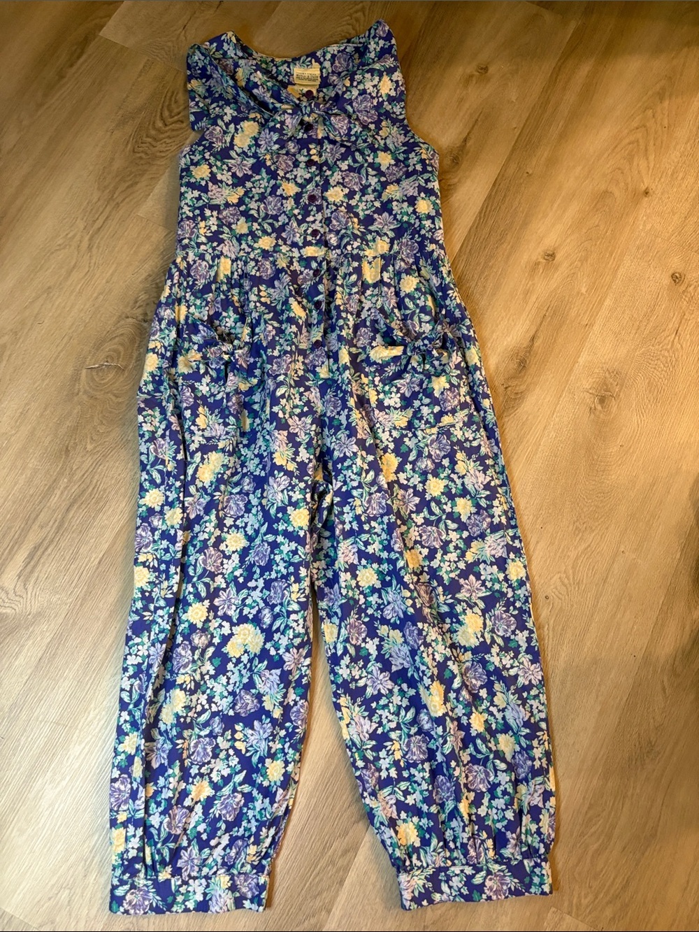 Vintage Laura Ashley Mother & Child Floral Jumpsuit Bow Pockets Blue Size M